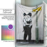 Kissing Police Officers Monochrome Urban Stencil, All Season Comfort, Decorative Wall Art Style - Super Soft Fleece Blanket Bed Sofa Throw