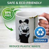 Kissing Police Officers Monochrome Urban Stencil 11oz Ceramic Coffee Tea Mug White Large Handle
