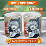 Crying Girl Red Blue Abstract Stencil Portrait 11oz Ceramic Coffee Tea Mug White Large Handle