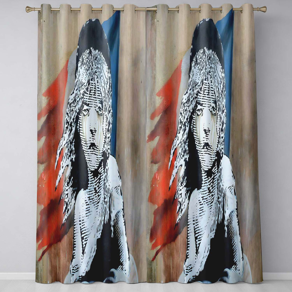 Crying Girl Red Blue Abstract Stencil Portrait Creative Artwork for Bedroom Decor Readymade Eyelet Ring Top Thermal 100% Blackout Curtains