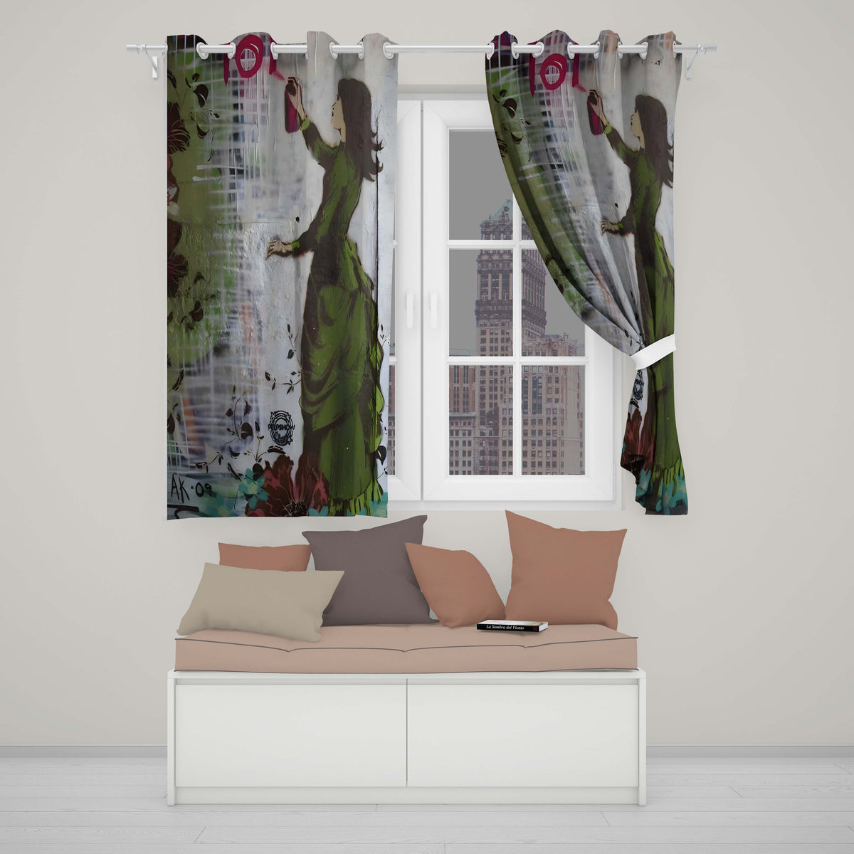 Woman in Green Dress Floral Urban Graffiti Artistic Artwork for Living Room Decor Readymade Eyelet Ring Top Thermal 100% Blackout Curtains
