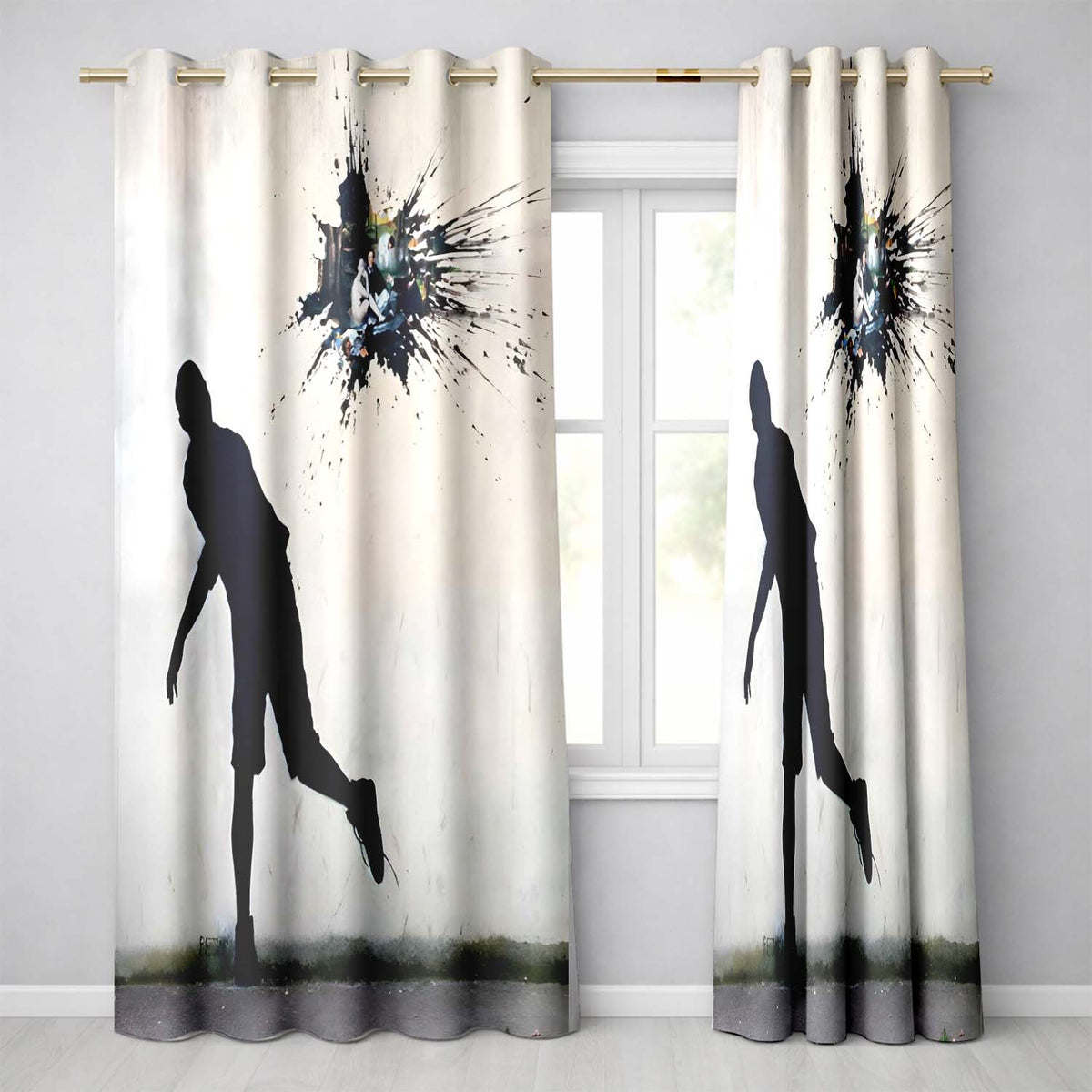 Running Figure Black Silhouette Minimal Graffiti Contemporary Artistic Home Decor Readymade Eyelet Ring Top Thermal 100% Blackout Curtains