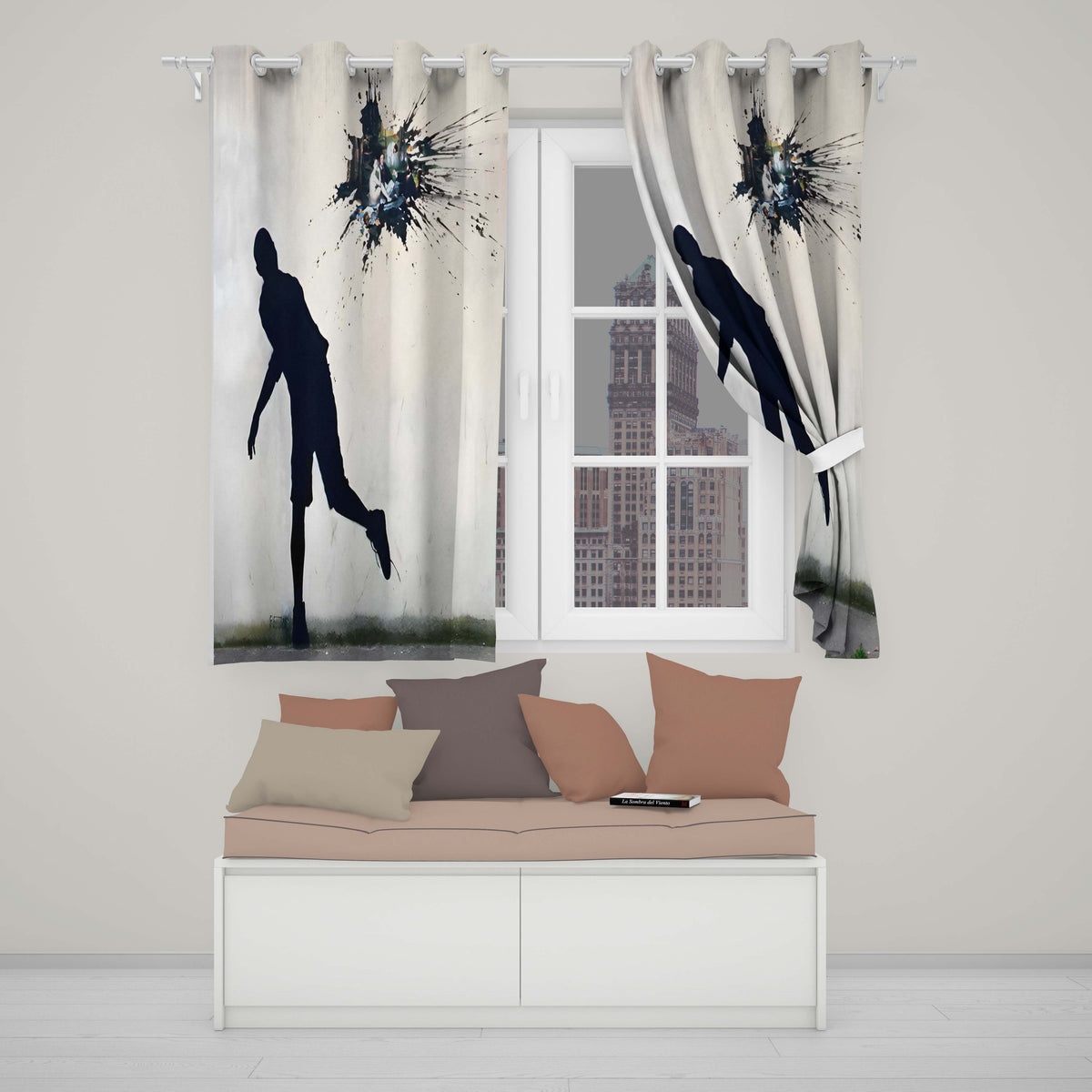 Running Figure Black Silhouette Minimal Graffiti Contemporary Artistic Home Decor Readymade Eyelet Ring Top Thermal 100% Blackout Curtains