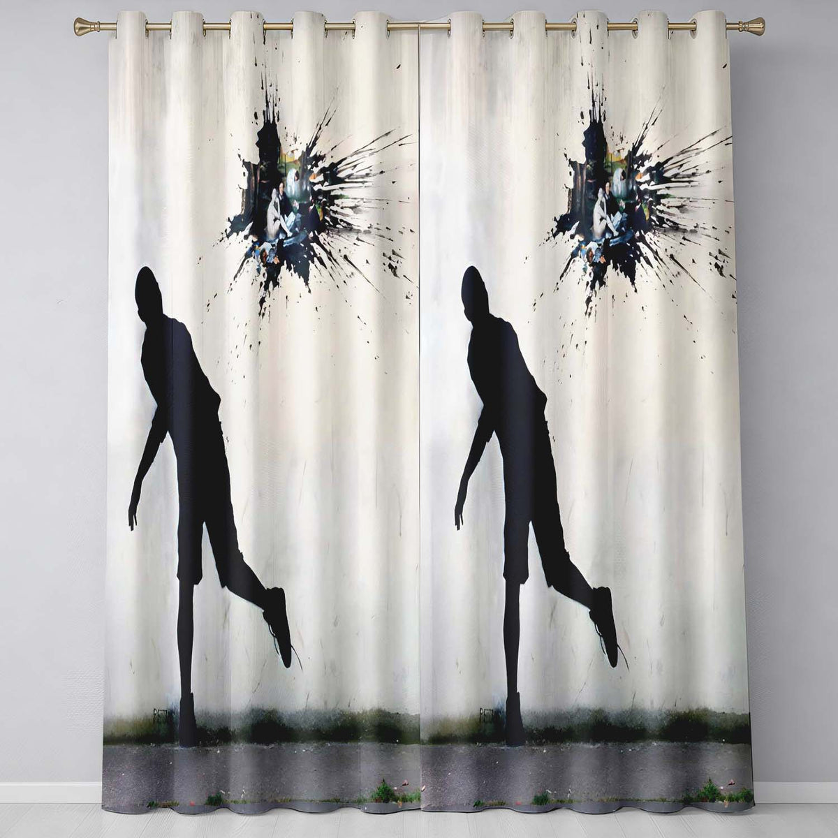 Running Figure Black Silhouette Minimal Graffiti Contemporary Artistic Home Decor Readymade Eyelet Ring Top Thermal 100% Blackout Curtains