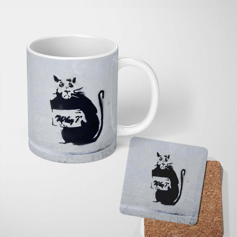 Black Rat Holding Sign Minimal Urban Stencil 11oz Ceramic Coffee Tea Mug White Large Handle