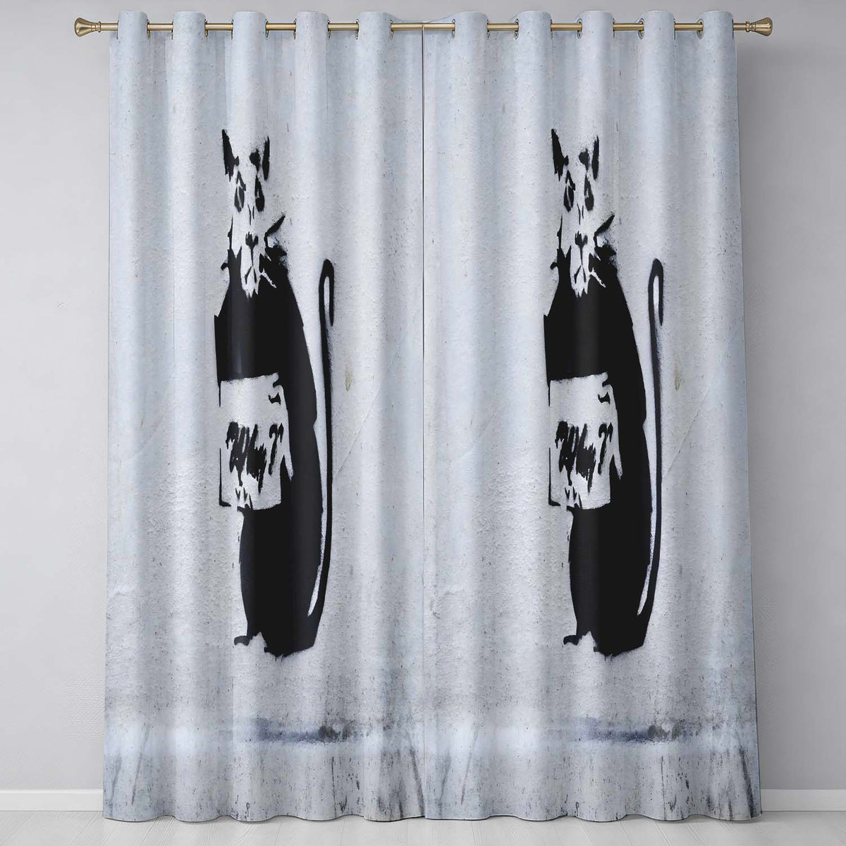 Black Rat Holding Sign Minimal Urban Stencil Bold Striking Artwork for Home Decor Readymade Eyelet Ring Top Thermal 100% Blackout Curtains
