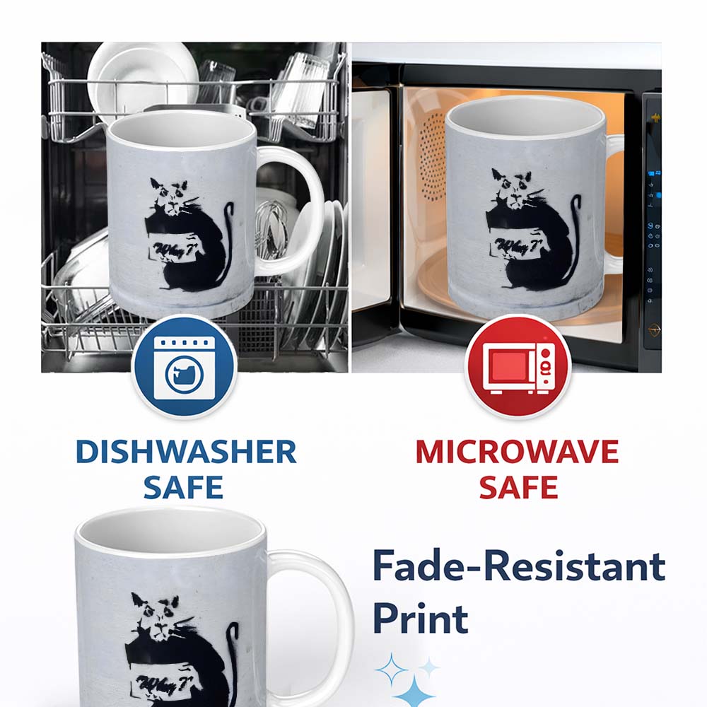 Black Rat Holding Sign Minimal Urban Stencil 11oz Ceramic Coffee Tea Mug White Large Handle
