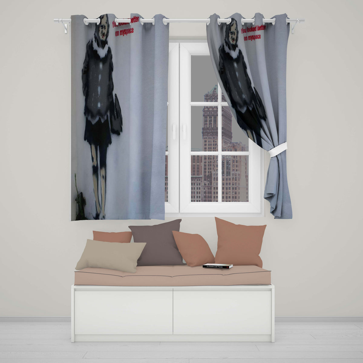 Elderly Woman Red Typography Satirical Stencil Unique Bold Artwork for Home Decor Readymade Eyelet Ring Top Thermal 100% Blackout Curtains