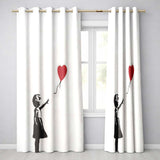 Girl Releasing Red Heart Balloon Minimal Stencil Expressive Design for Home Decor Readymade Eyelet Ring Top Thermal 100% Blackout Curtains