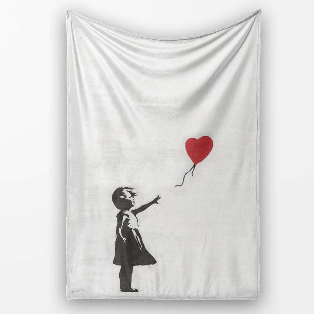 Girl Releasing Red Heart Balloon Minimal Stencil, All Season Comfort, Decorative Wall Art Style - Super Soft Fleece Blanket Bed Sofa Throw