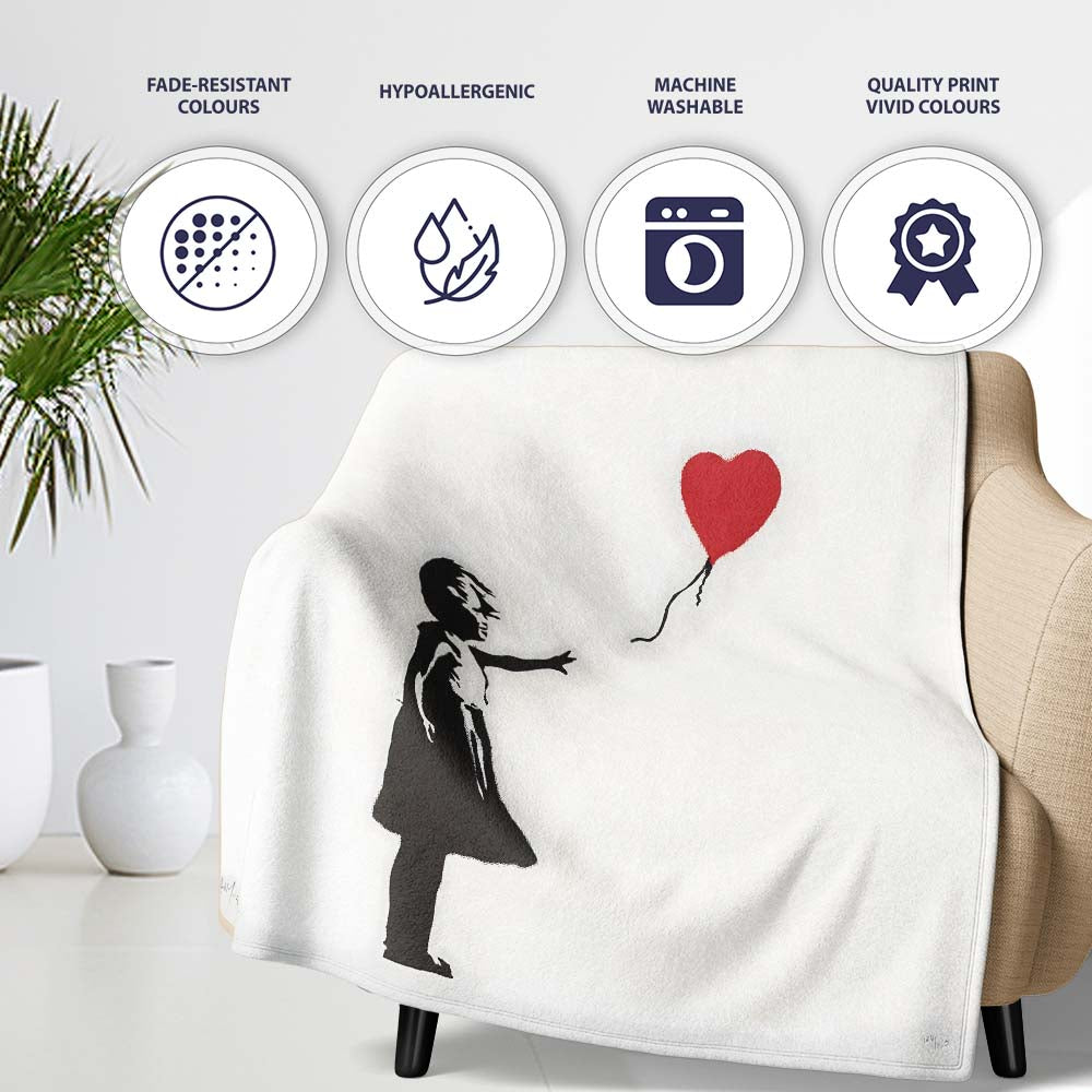 Girl Releasing Red Heart Balloon Minimal Stencil, All Season Comfort, Decorative Wall Art Style - Super Soft Fleece Blanket Bed Sofa Throw
