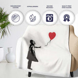 Girl Releasing Red Heart Balloon Minimal Stencil, All Season Comfort, Decorative Wall Art Style - Super Soft Fleece Blanket Bed Sofa Throw