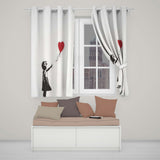 Girl Releasing Red Heart Balloon Minimal Stencil Expressive Design for Home Decor Readymade Eyelet Ring Top Thermal 100% Blackout Curtains