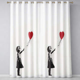 Girl Releasing Red Heart Balloon Minimal Stencil Expressive Design for Home Decor Readymade Eyelet Ring Top Thermal 100% Blackout Curtains