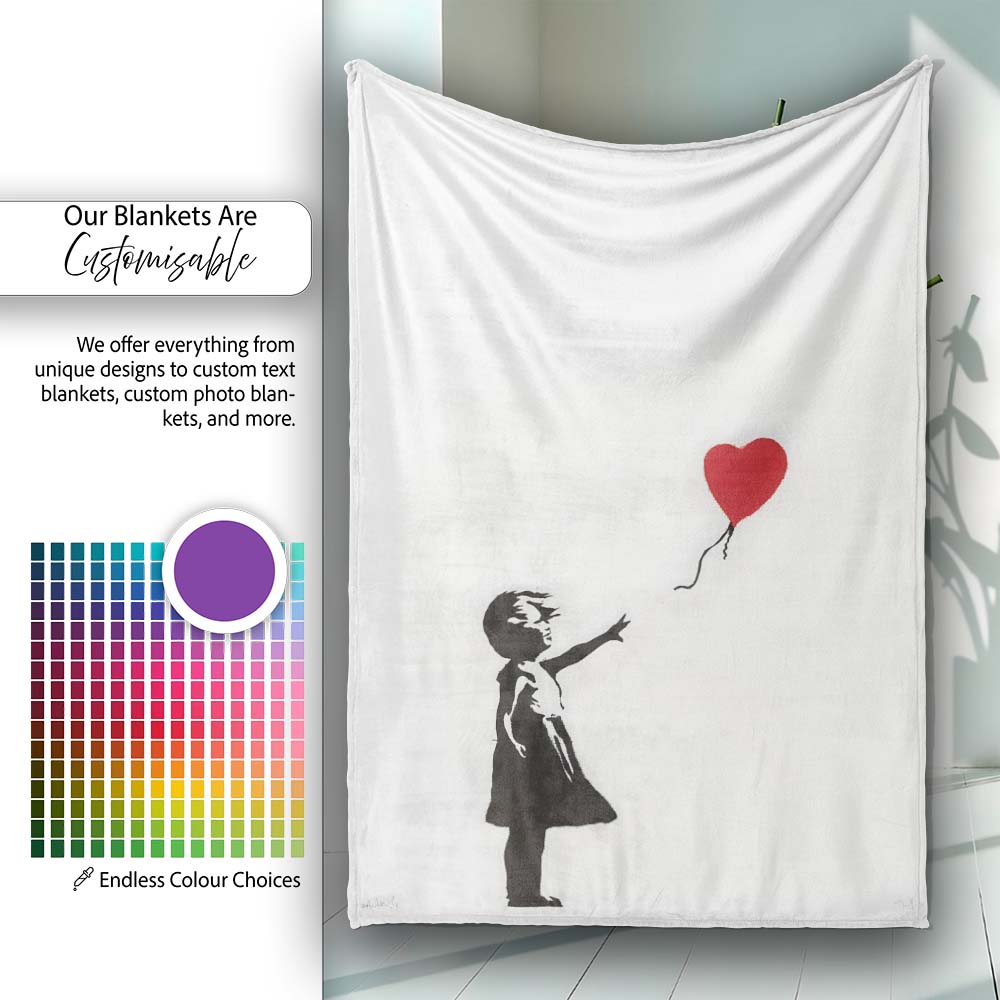 Girl Releasing Red Heart Balloon Minimal Stencil, All Season Comfort, Decorative Wall Art Style - Super Soft Fleece Blanket Bed Sofa Throw