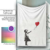 Girl Releasing Red Heart Balloon Minimal Stencil, All Season Comfort, Decorative Wall Art Style - Super Soft Fleece Blanket Bed Sofa Throw