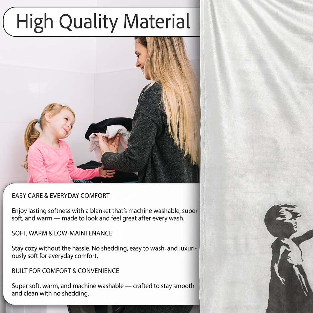 Girl Releasing Red Heart Balloon Minimal Stencil, All Season Comfort, Decorative Wall Art Style - Super Soft Fleece Blanket Bed Sofa Throw
