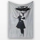 Woman Holding Dripping Umbrella Monochrome Stencil, All Season Comfort, Stylish Room Decoration - Super Soft Fleece Blanket Bed Sofa Throw