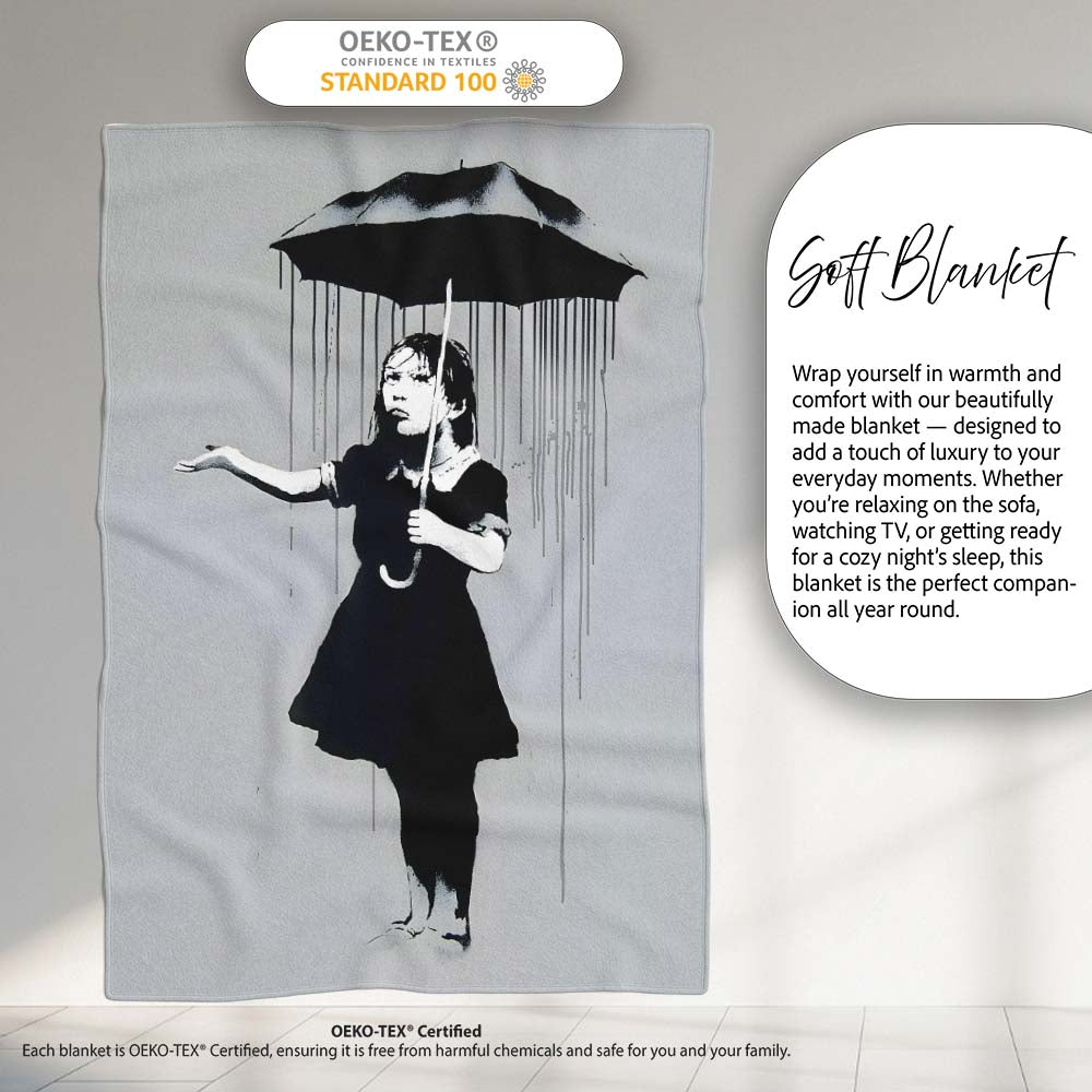 Woman Holding Dripping Umbrella Monochrome Stencil, All Season Comfort, Stylish Room Decoration - Super Soft Fleece Blanket Bed Sofa Throw