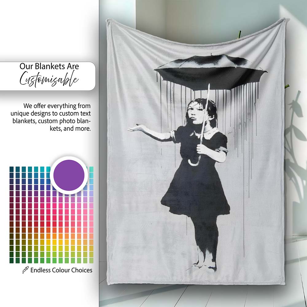 Woman Holding Dripping Umbrella Monochrome Stencil, All Season Comfort, Stylish Room Decoration - Super Soft Fleece Blanket Bed Sofa Throw