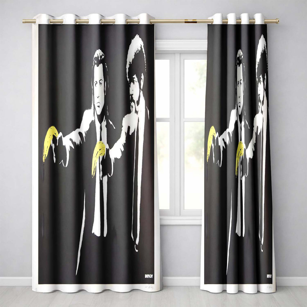 Two Suited Men Yellow Gloves Monochrome Pop Art Stylish Artwork for Bedroom Decor Readymade Eyelet Ring Top Thermal 100% Blackout Curtains