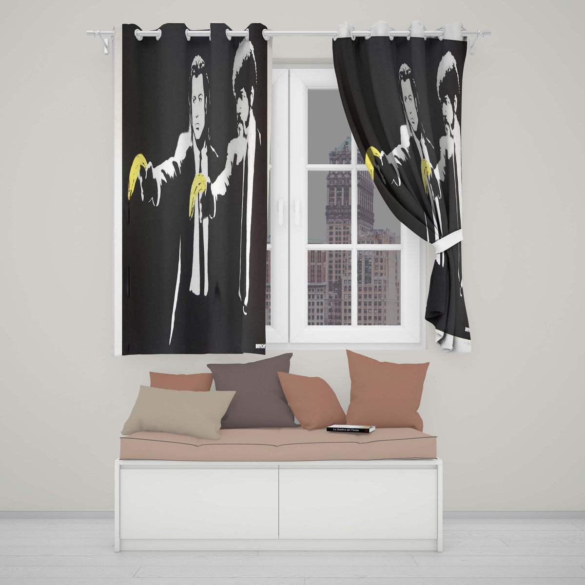 Two Suited Men Yellow Gloves Monochrome Pop Art Stylish Artwork for Bedroom Decor Readymade Eyelet Ring Top Thermal 100% Blackout Curtains