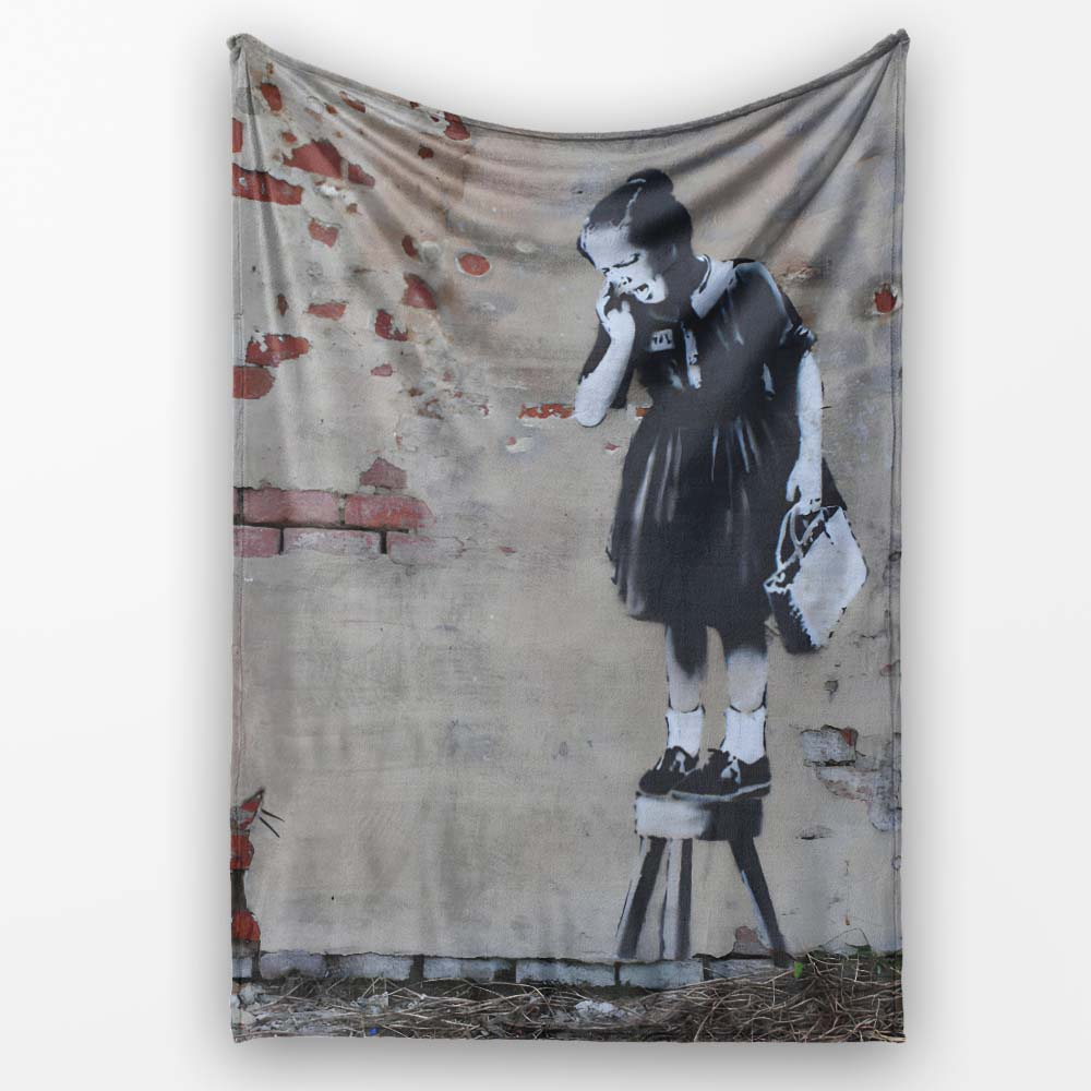 Schoolgirl and Rat Distressed Urban Stencil, Bedroom Living Room Accent, Unique Artistic Design - Super Soft Fleece Blanket Bed Sofa Throw