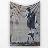 Schoolgirl and Rat Distressed Urban Stencil, Bedroom Living Room Accent, Unique Artistic Design - Super Soft Fleece Blanket Bed Sofa Throw
