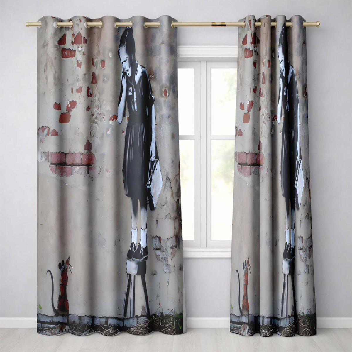 Schoolgirl and Rat Distressed Urban Stencil Unique Elegant Artwork for Home Decor Readymade Eyelet Ring Top Thermal 100% Blackout Curtains