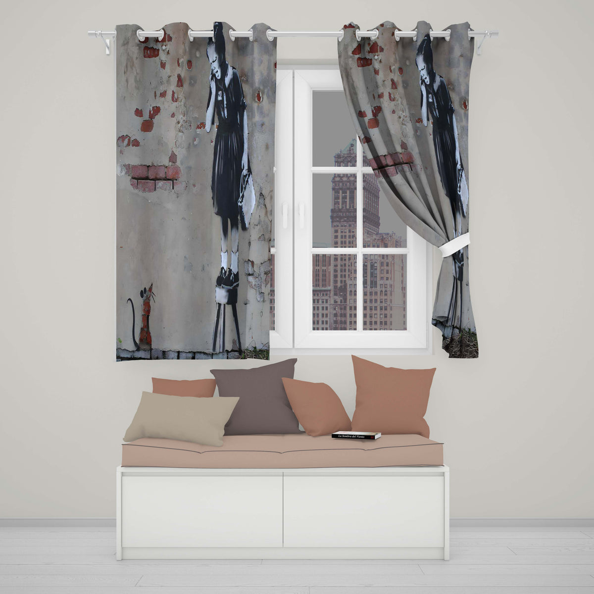 Schoolgirl and Rat Distressed Urban Stencil Unique Elegant Artwork for Home Decor Readymade Eyelet Ring Top Thermal 100% Blackout Curtains