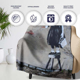 Schoolgirl and Rat Distressed Urban Stencil, Bedroom Living Room Accent, Unique Artistic Design - Super Soft Fleece Blanket Bed Sofa Throw