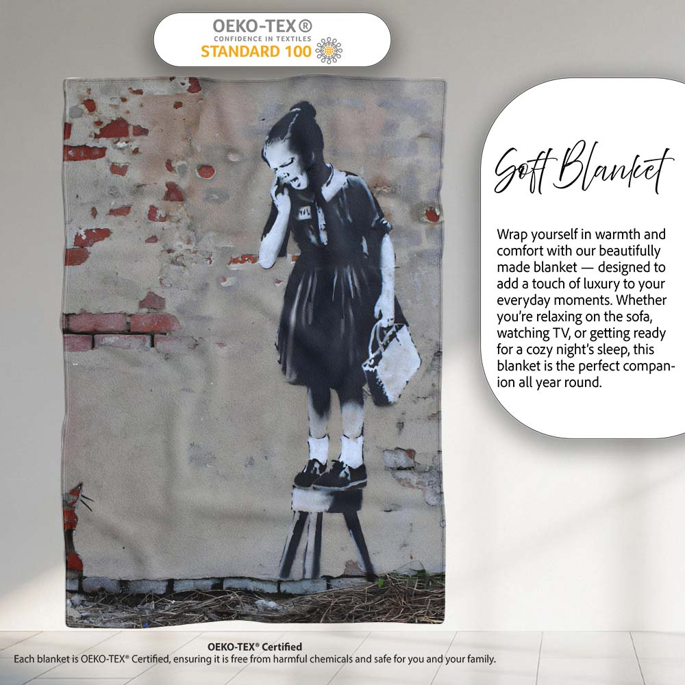 Schoolgirl and Rat Distressed Urban Stencil, Bedroom Living Room Accent, Unique Artistic Design - Super Soft Fleece Blanket Bed Sofa Throw