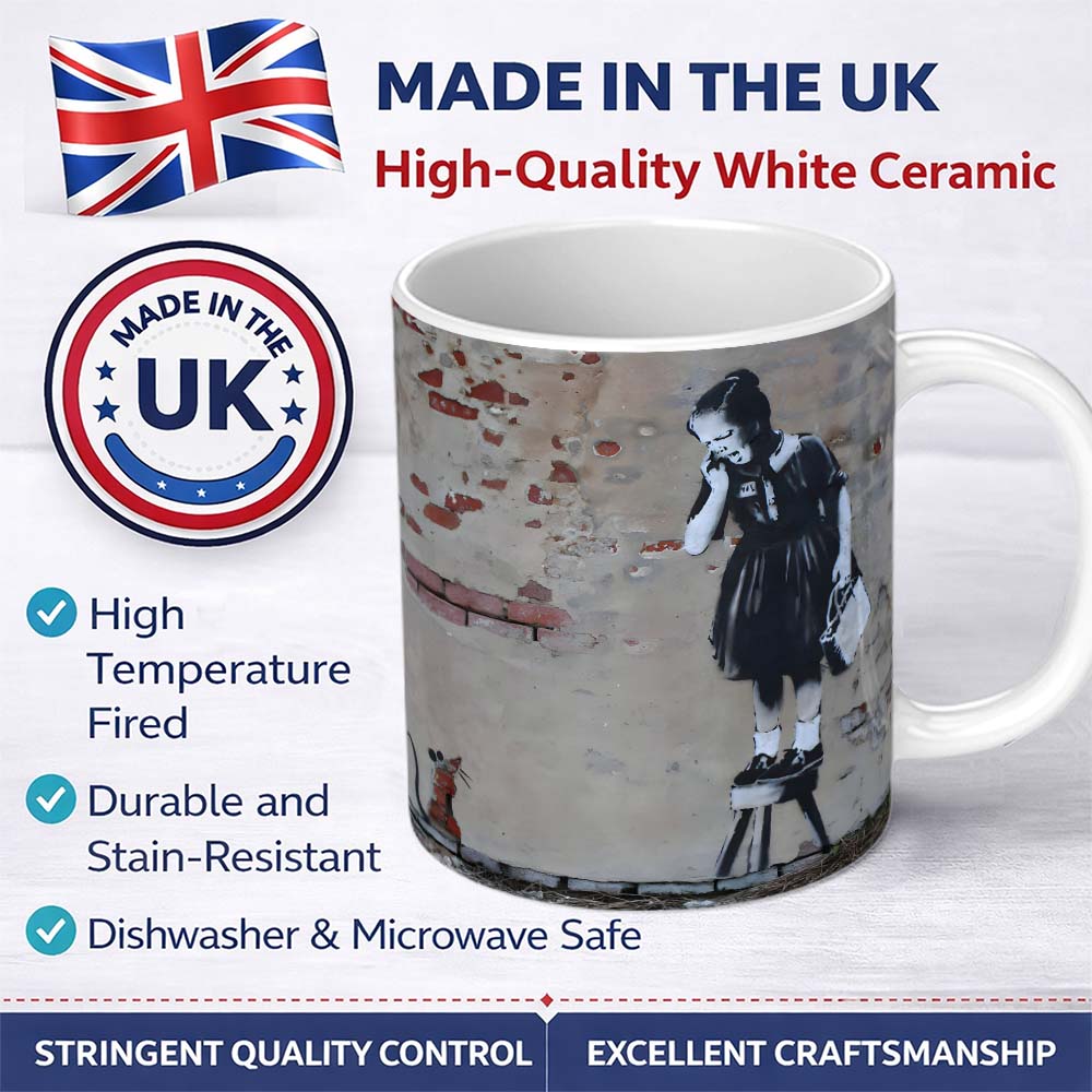Schoolgirl and Rat Distressed Urban Stencil11oz Ceramic Coffee Tea Mug White Large Handle
