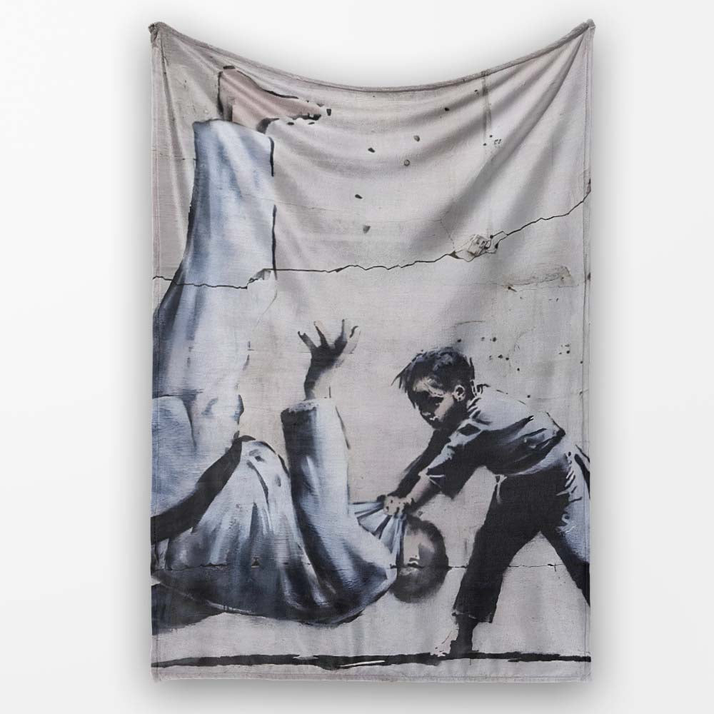 Child Pulling Fallen Statue Monochrome Graffiti, Bedroom Living Room Accent, All Season Comfort - Super Soft Fleece Blanket Bed Sofa Throw