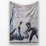 Child Pulling Fallen Statue Monochrome Graffiti, Bedroom Living Room Accent, All Season Comfort - Super Soft Fleece Blanket Bed Sofa Throw
