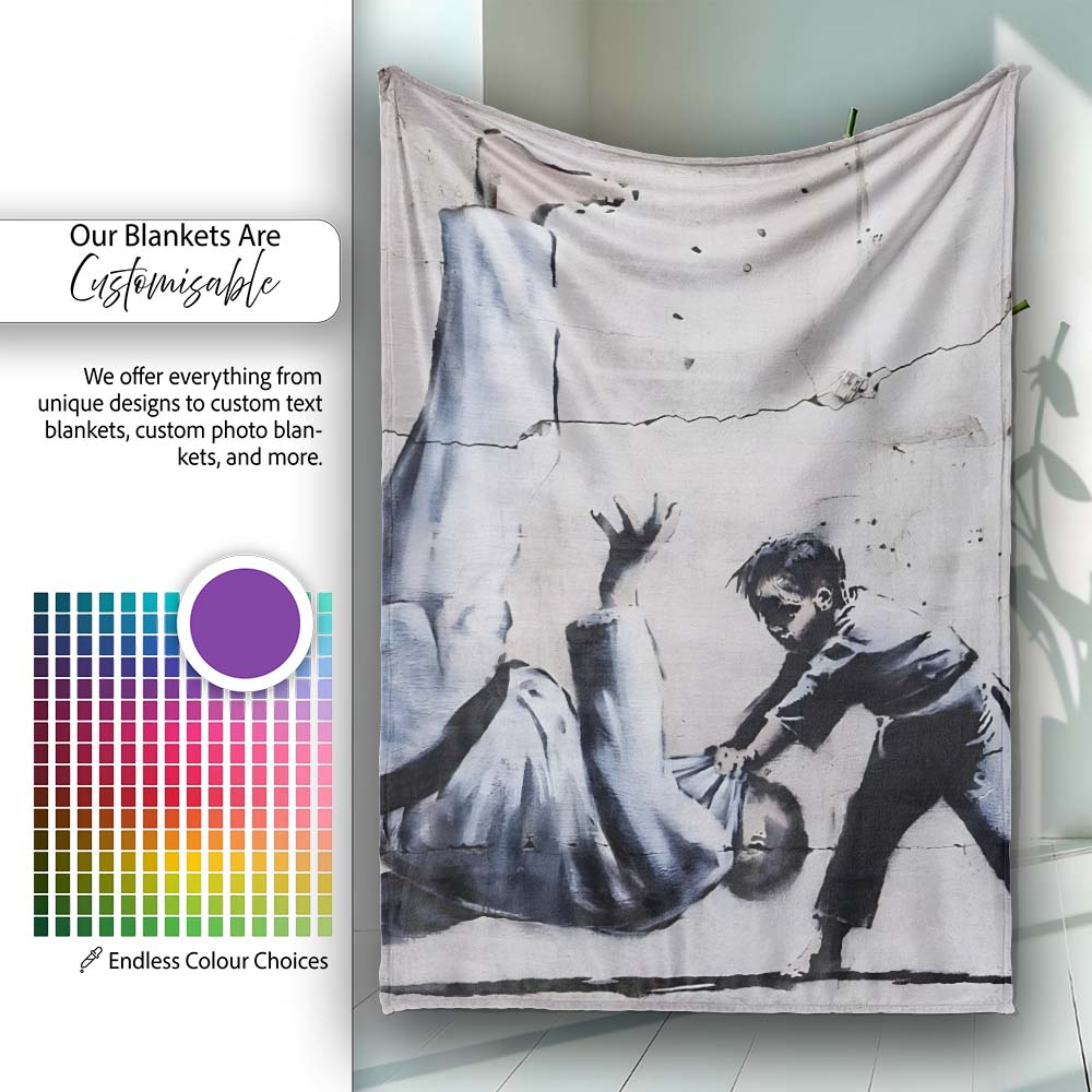 Child Pulling Fallen Statue Monochrome Graffiti, Bedroom Living Room Accent, All Season Comfort - Super Soft Fleece Blanket Bed Sofa Throw