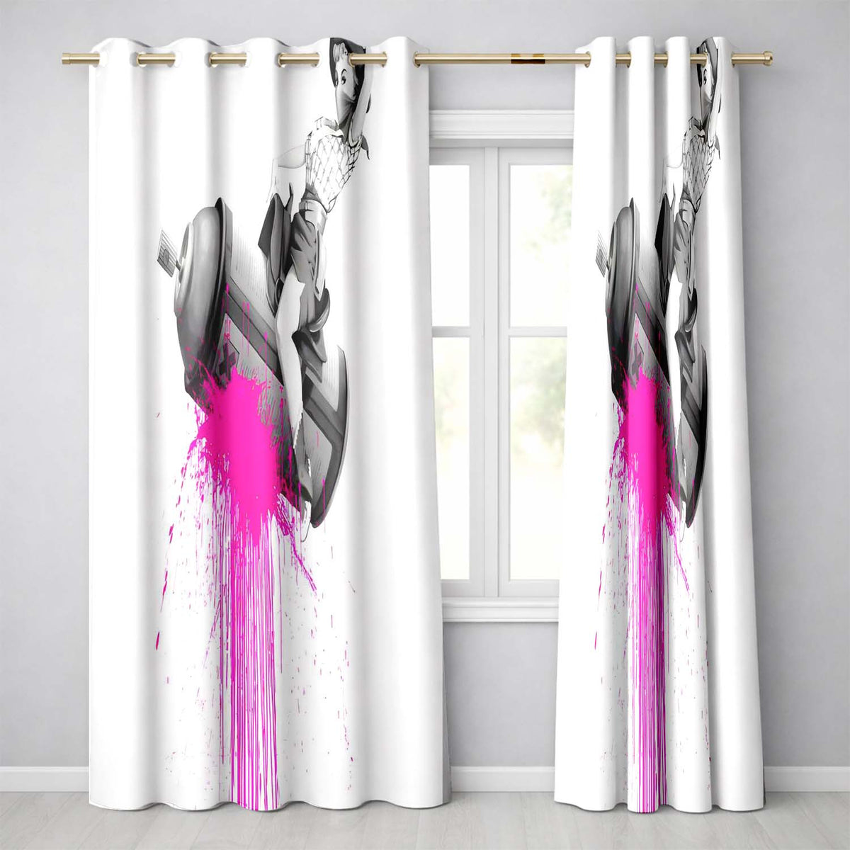 Masked Cowgirl Riding Syringe Pink Splash Pop Art Distinctive Wall Art Home Decor Readymade Eyelet Ring Top Thermal 100% Blackout Curtains