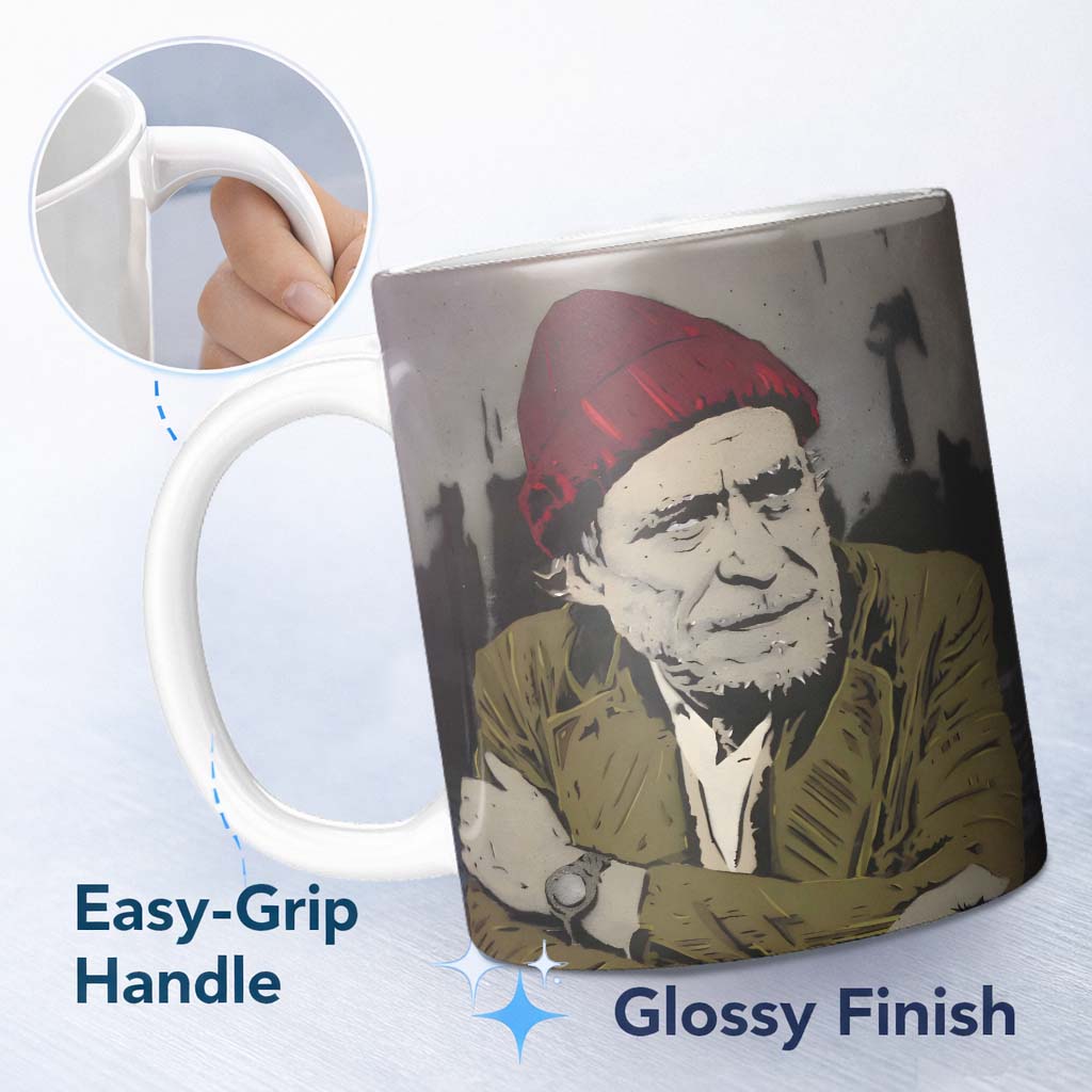 Elderly Man Red Beanie Urban Stencil Portrait 11oz Ceramic Coffee Tea Mug White Large Handle