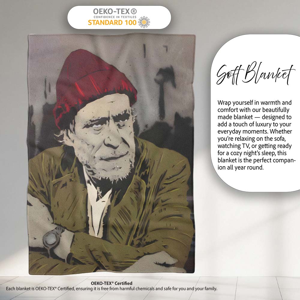 Elderly Man Red Beanie Urban Stencil Portrait, All Season Comfort, Thoughtful Housewarming Gift - Super Soft Fleece Blanket Bed Sofa Throw