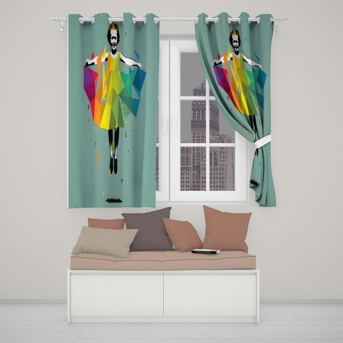 Colourful Geometric Dancer Mint Green Abstract Pop Art Unique Artistic Home Decor Readymade Eyelet Ring Top Thermal 100% Blackout Curtains