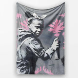 Girl Spray Painting Pink Floral Pattern Graffiti, All Season Comfort, Decorative Wall Art Style - Super Soft Fleece Blanket Bed Sofa Throw