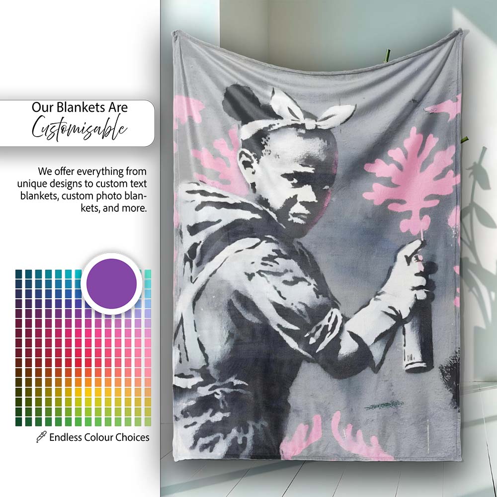 Girl Spray Painting Pink Floral Pattern Graffiti, All Season Comfort, Decorative Wall Art Style - Super Soft Fleece Blanket Bed Sofa Throw