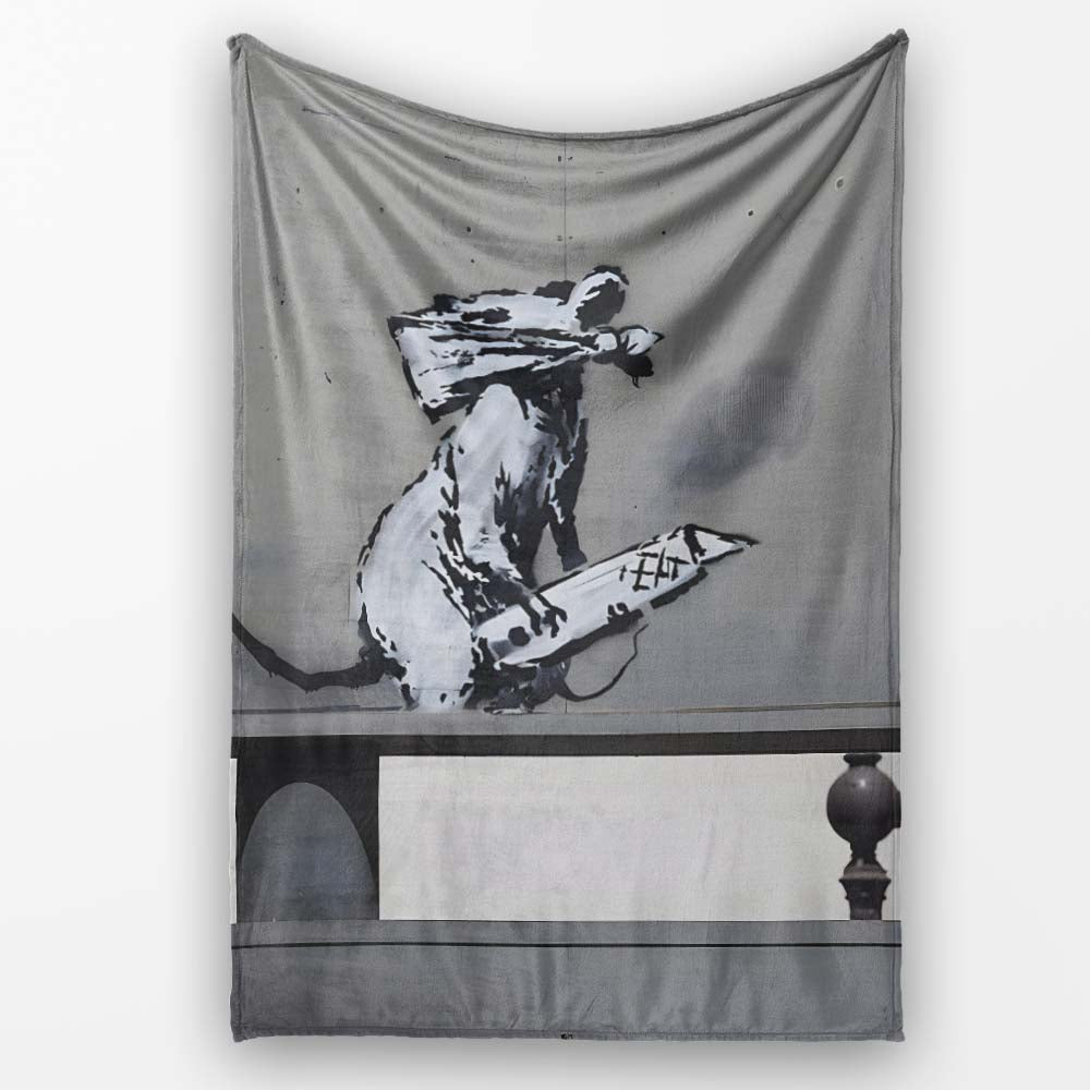 Rat Playing Keyboard Monochrome Urban Stencil, All Season Comfort, Thoughtful Housewarming Gift - Super Soft Fleece Blanket Bed Sofa Throw