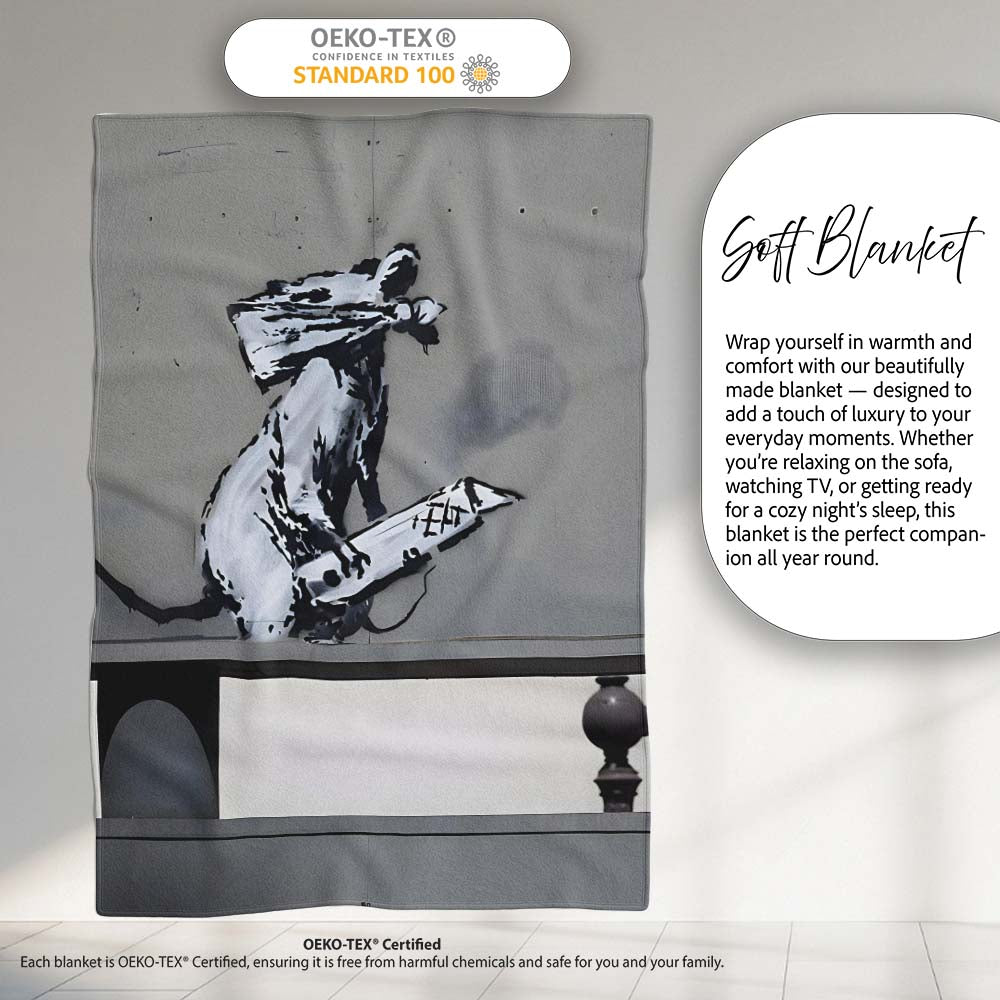 Rat Playing Keyboard Monochrome Urban Stencil, All Season Comfort, Thoughtful Housewarming Gift - Super Soft Fleece Blanket Bed Sofa Throw