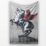 Red Cloaked Rider on Rearing Horse Monochrome Street Art, Artistic Comfortable Everyday Comfort - Super Soft Fleece Blanket Bed Sofa Throw