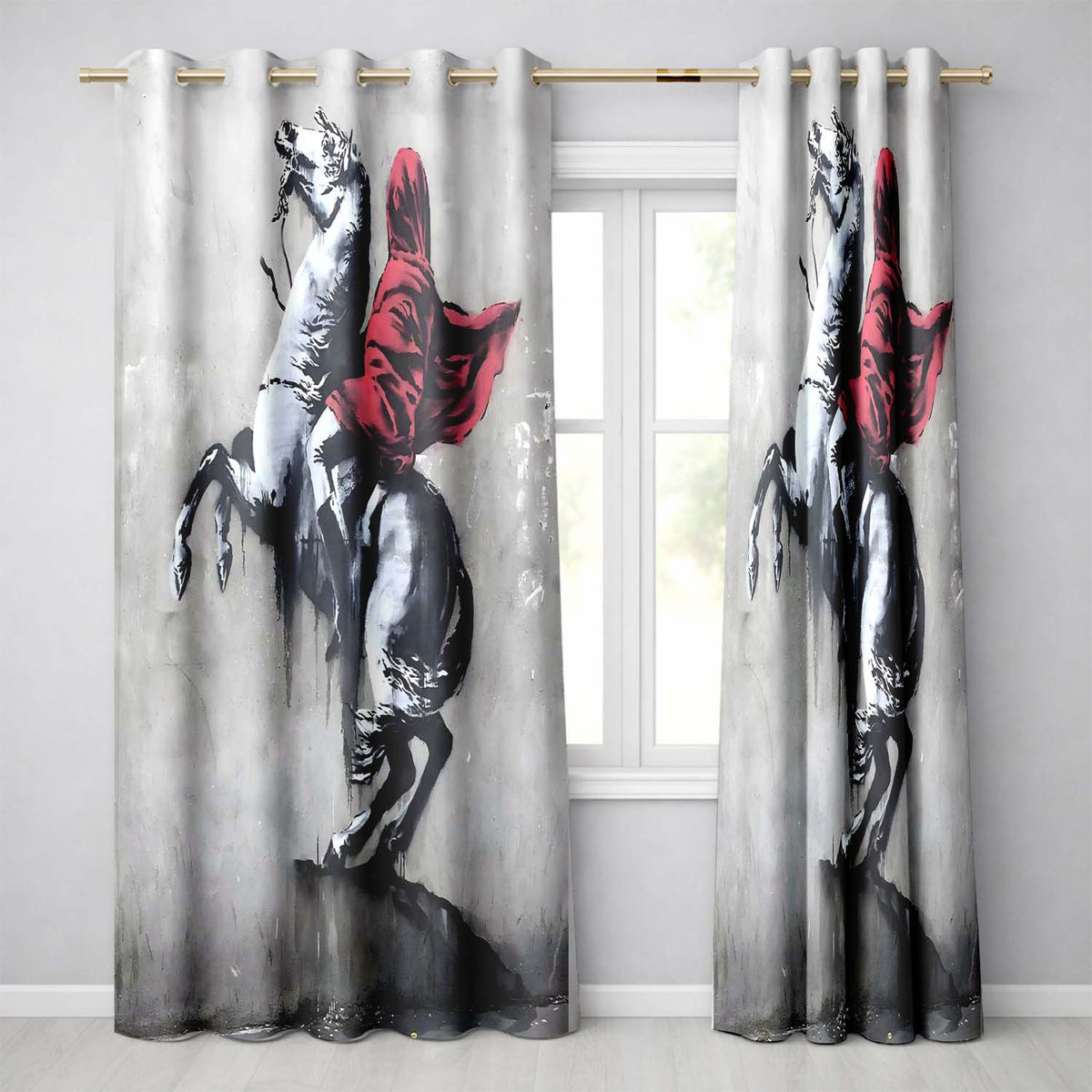 Red Cloaked Rider on Rearing Horse Monochrome Street Art Bold Artistic Home Decor Readymade Eyelet Ring Top Thermal 100% Blackout Curtains