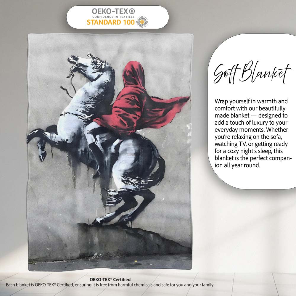 Red Cloaked Rider on Rearing Horse Monochrome Street Art, Artistic Comfortable Everyday Comfort - Super Soft Fleece Blanket Bed Sofa Throw