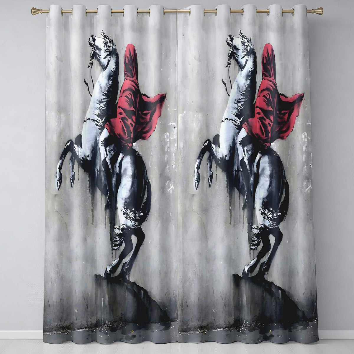 Red Cloaked Rider on Rearing Horse Monochrome Street Art Bold Artistic Home Decor Readymade Eyelet Ring Top Thermal 100% Blackout Curtains