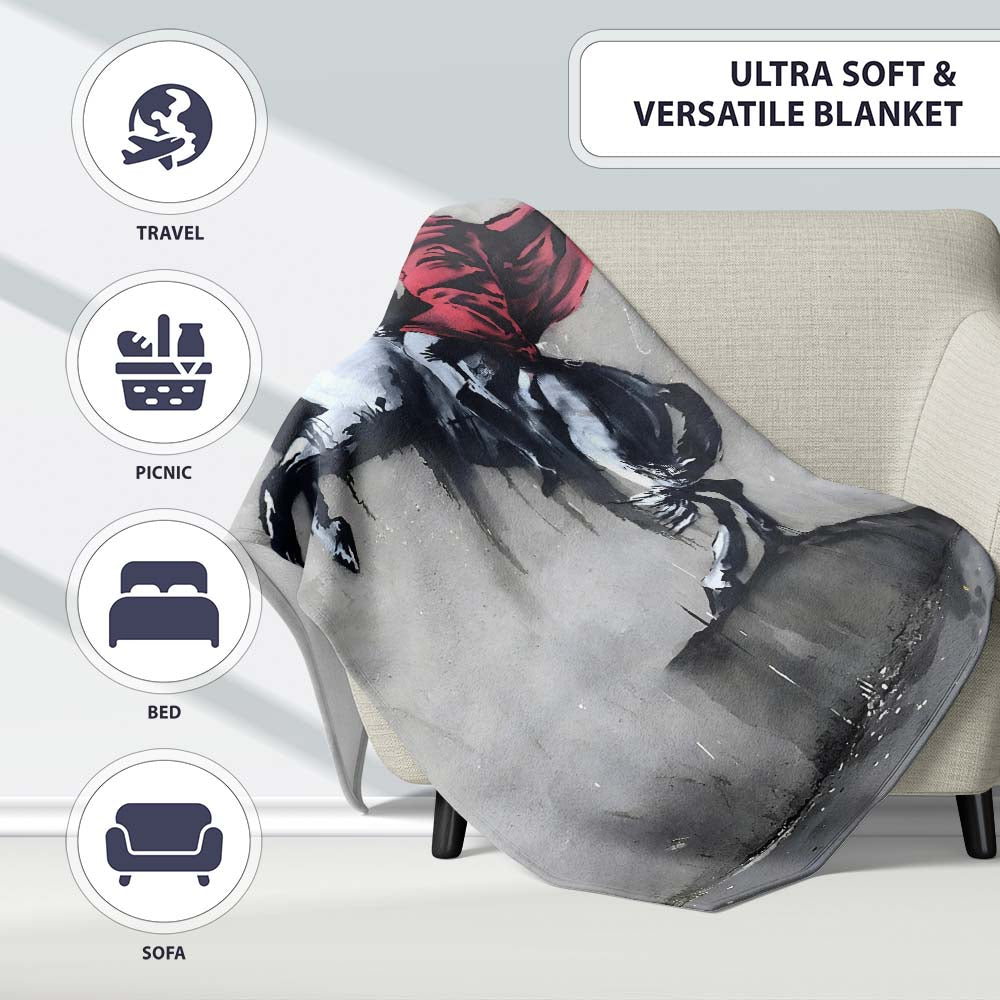 Red Cloaked Rider on Rearing Horse Monochrome Street Art, Artistic Comfortable Everyday Comfort - Super Soft Fleece Blanket Bed Sofa Throw