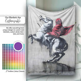 Red Cloaked Rider on Rearing Horse Monochrome Street Art, Artistic Comfortable Everyday Comfort - Super Soft Fleece Blanket Bed Sofa Throw